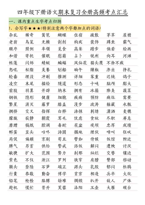 人教部編版四年級下冊語文期末復習全冊高頻考點匯總.pdf