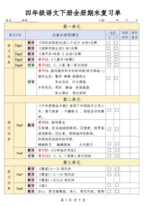人教部編版四年級(jí)語(yǔ)文下冊(cè)期末復(fù)習(xí)單.pdf