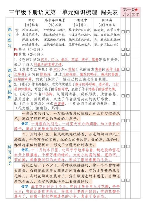 人教部編版三年級下冊語文1-8單元知識闖關表.pdf