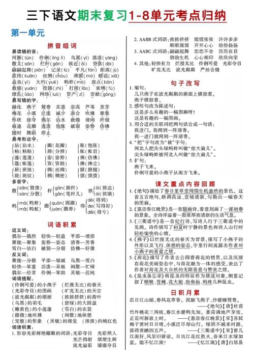 人教部編版三年級下冊丨語文 期末復習專項 1-8單元考點歸納超簡版（適合臨時抱佛腳）.pdf