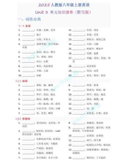 2025秋人教版八年級上冊英語單元知識清單Unit3默寫版.pdf