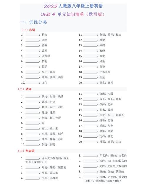 2025秋人教版八年級上冊英語單元知識清單Unit 4 默寫版.pdf