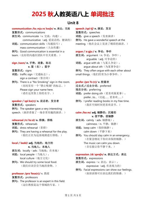 2025秋人教版八年級上冊英語Unit 8單詞批注.pdf