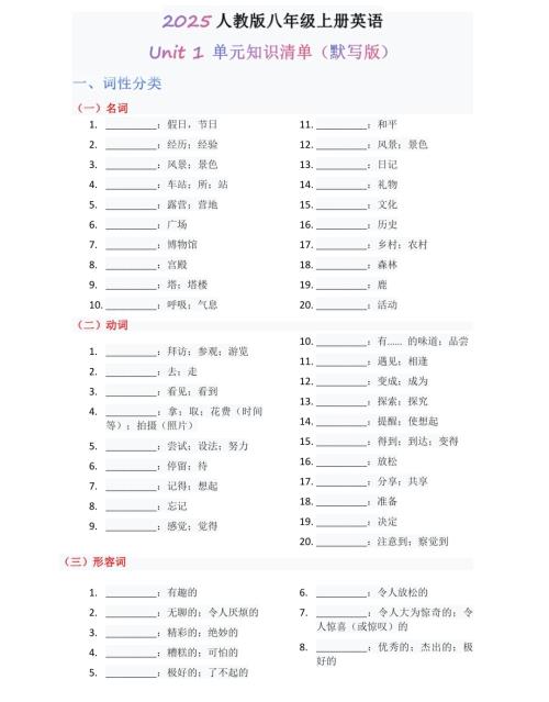 2025秋人教版八年級上冊英語單元知識清單Unit 1 默寫版.pdf
