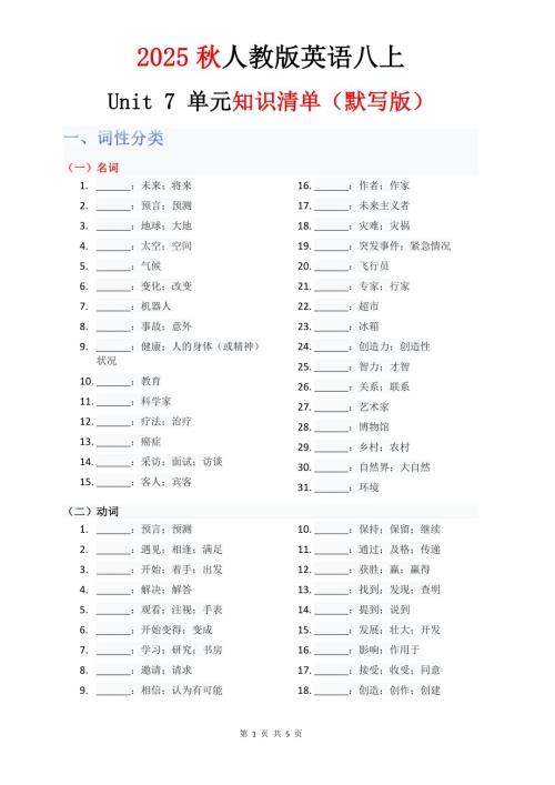2025秋人教版八年級上冊英語單元知識清單Unit7默寫版.pdf