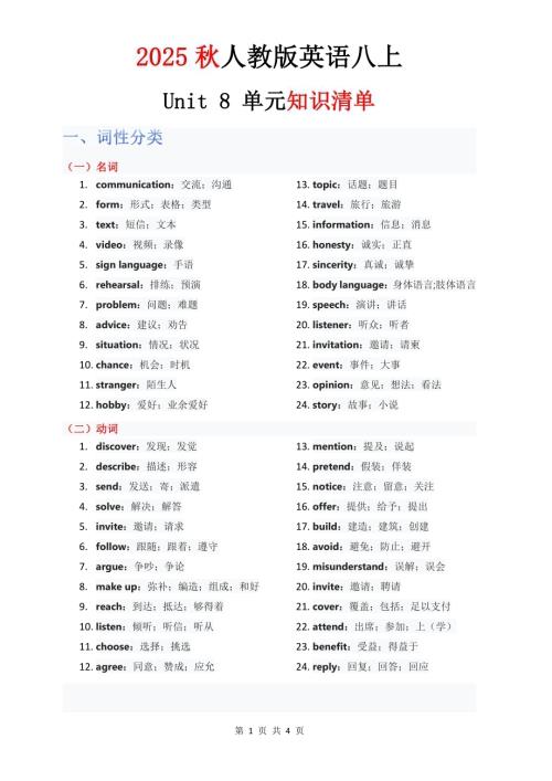 2025秋人教版八年級上冊英語單元知識清單Unit 8 教師版.pdf