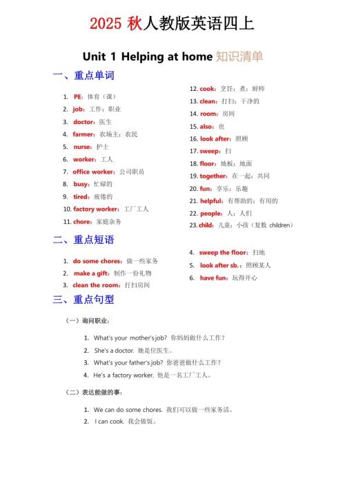 2025秋人教PEP版四年級上冊英語知識清單 Unit 1 教師版.docx