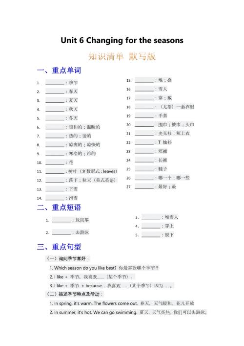 2025秋人教PEP版四年級上冊英語知識清單 Unit 6 默寫版.docx