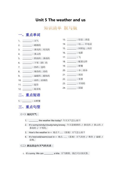 2025秋人教PEP版四年級上冊英語知識清單 Unit 5 默寫版.docx