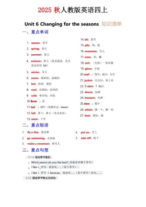 2025秋人教PEP版四年級上冊英語知識清單 Unit 6 教師版.docx