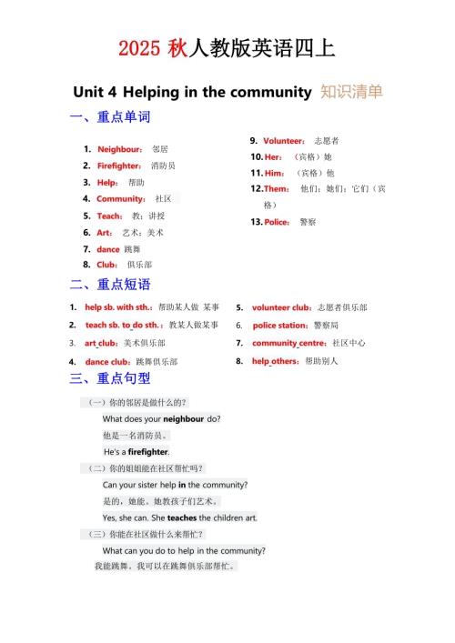 2025秋人教PEP版四年級上冊英語知識清單 Unit 4 教師版.docx