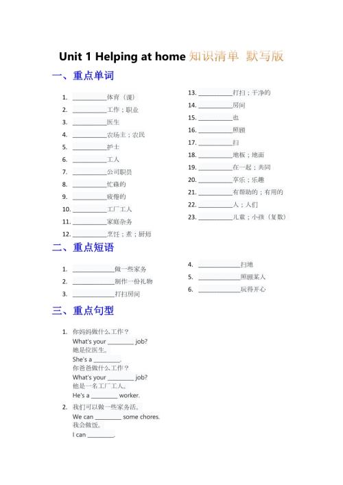 2025秋人教PEP版四年級上冊英語知識清單 Unit 1 默寫版.docx