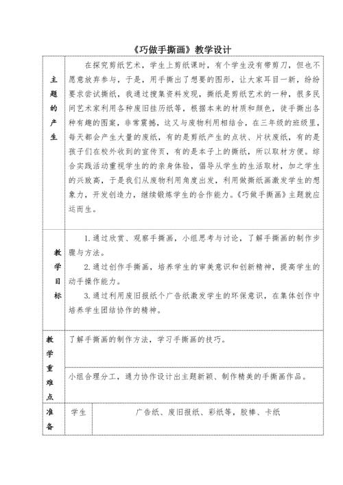 小學(xué)綜合實(shí)踐活動(dòng)公開課：巧做手撕畫-田-教案教學(xué)設(shè)計(jì)5002.doc