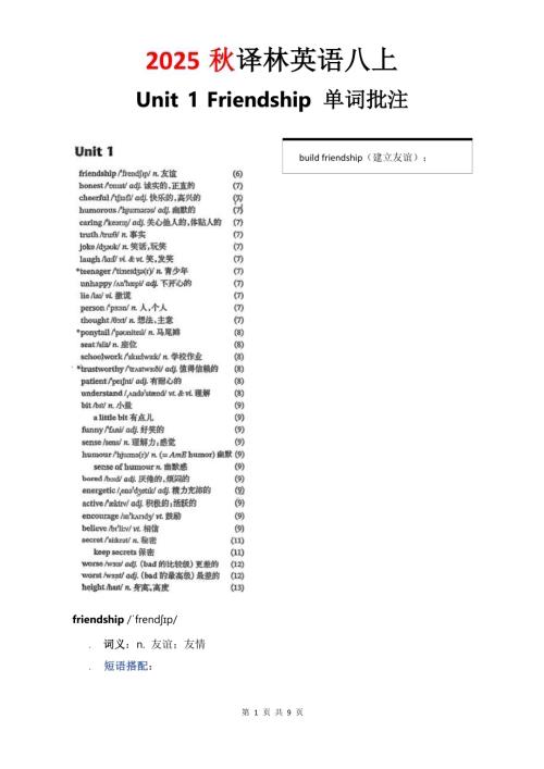 2025秋譯林版八年級上冊英語Unit 1 單詞批注.docx