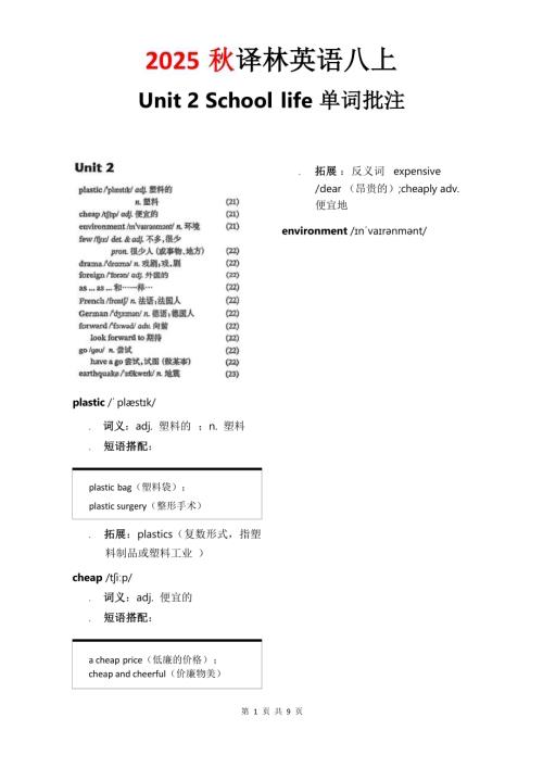 2025秋譯林版八年級上冊英語Unit 2 單詞批注.docx